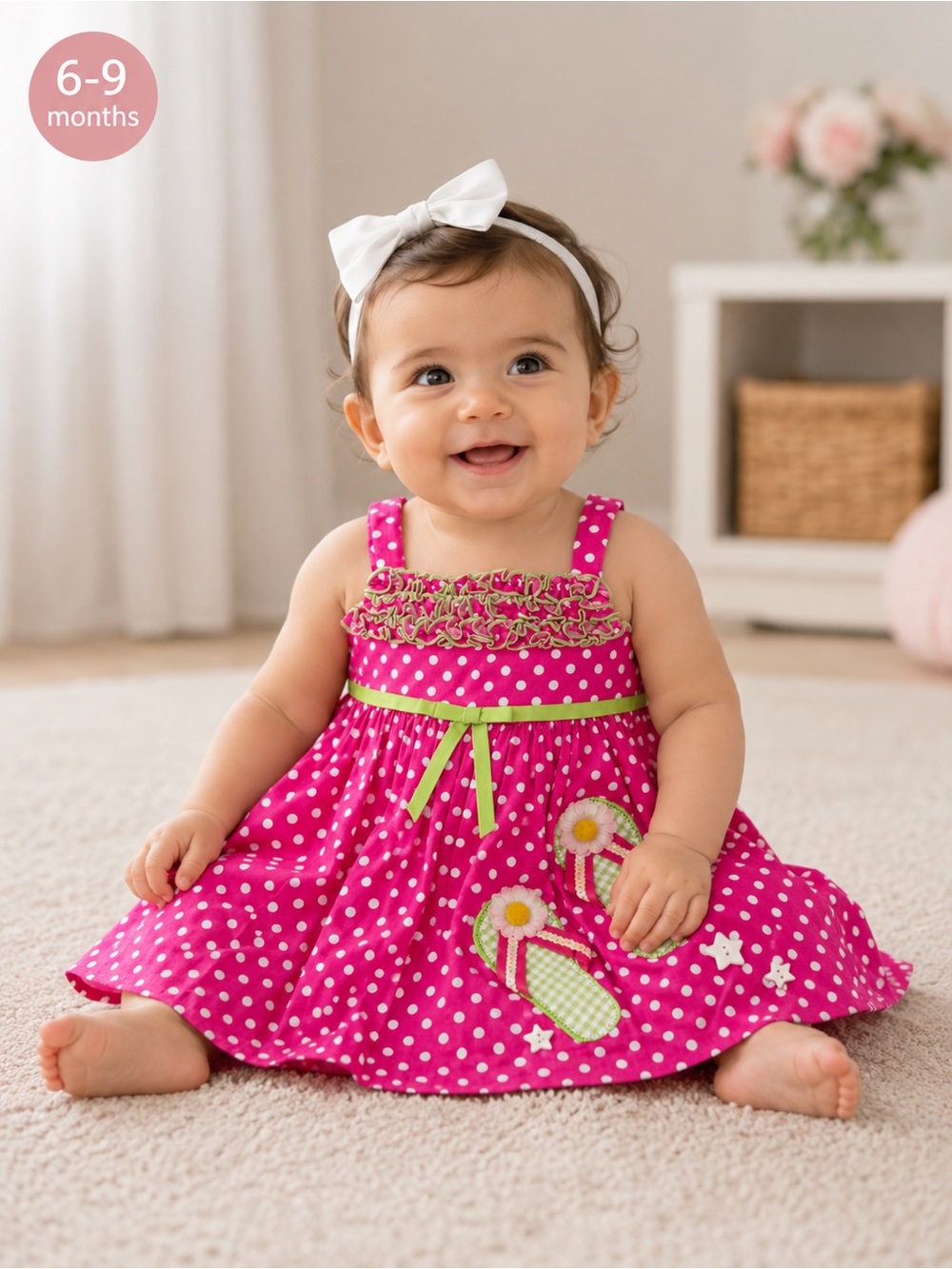Bonnie Baby Pink Polka Dot Flip Flop Dress | Baby Girl 6–9 Months